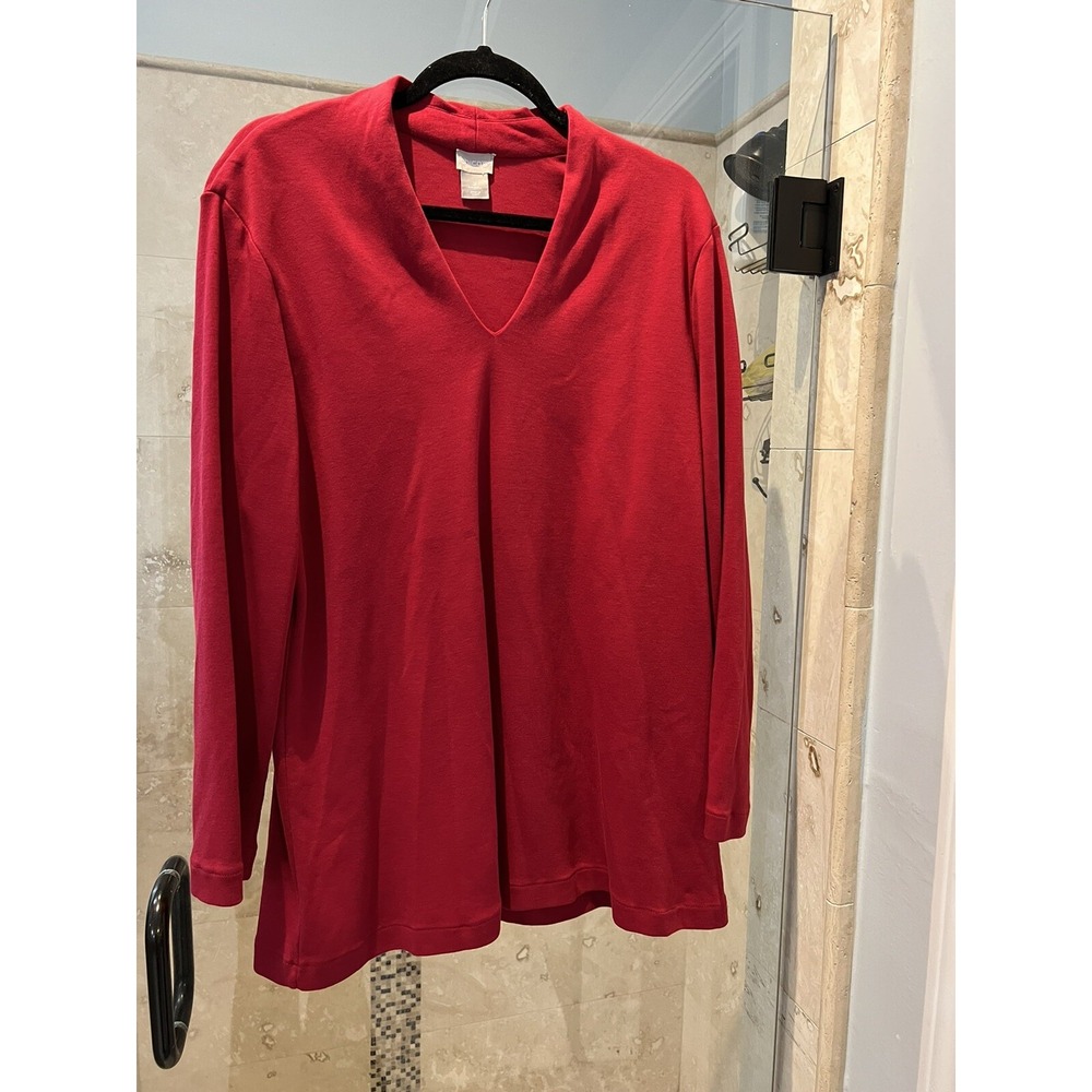 Chico's Women Red V Neck Pima Cotton Long Sleeve Blouse Top Size 2